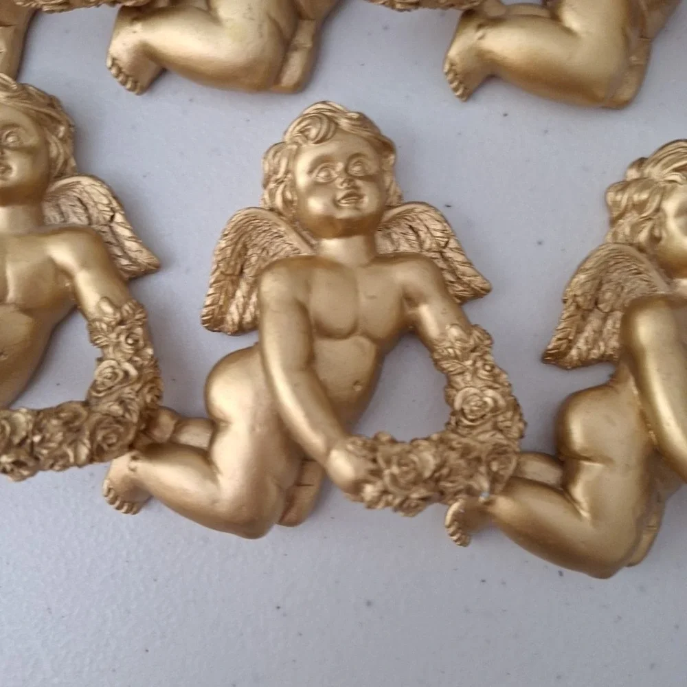 8 Ornate Resin Cherub Angel Napkin Ring Holders Gold Tone Painted Vintage HEAVY